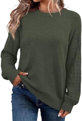 A soft fine-gauge green knit sweater with a clean crew neckline and classic ribbed cuffs for transitional cool weather.