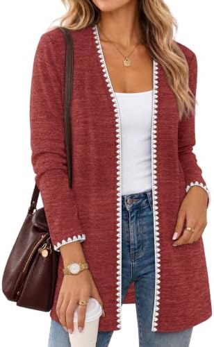 Bright red knit brightens gray mornings, finished with delicate scalloped contrast edges along the open front.