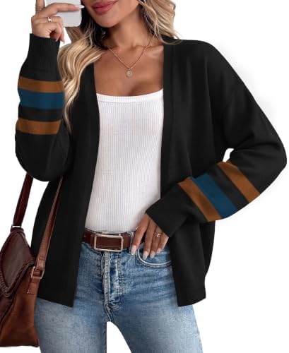 Striped knit cuffs and a deep black body give this open-front cardigan an easy drape for crisp summer nights and cool offices.