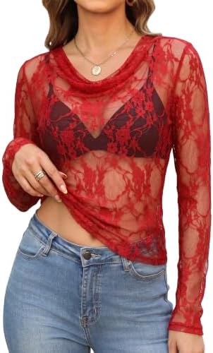 Rich red lace and a fluid cowl neckline give this long sleeve blouse an easy elegance for dinner plans and holiday evenings.