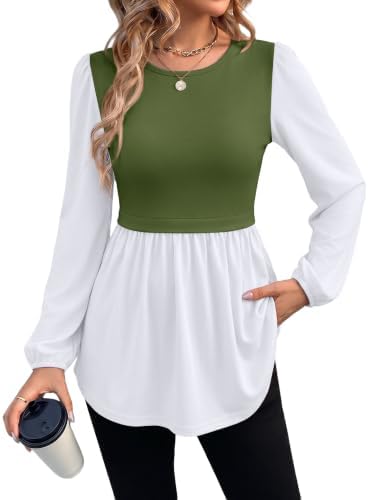 Earthy army green meets crisp white in this long sleeve tunic cut with a gathered peplum hem that covers the hips.