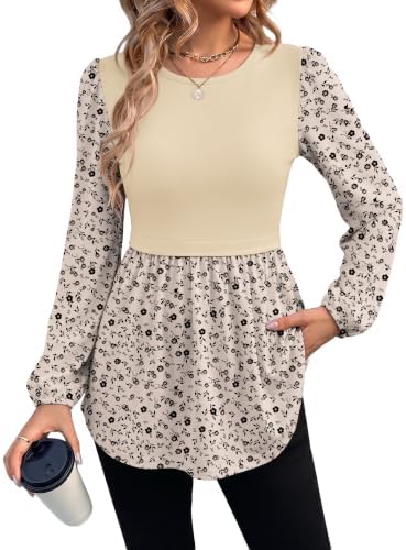 Soft apricot florals drift across this lightweight peplum tunic, cut with long sleeves and full hip coverage for cooler days.