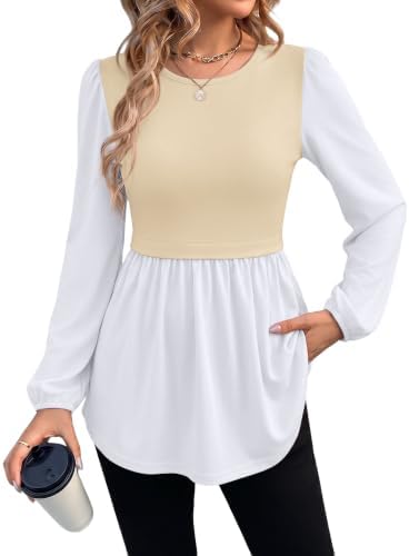 A creamy apricot-white palette pairs with a gathered babydoll hem and long sleeves cut for cool evenings.
