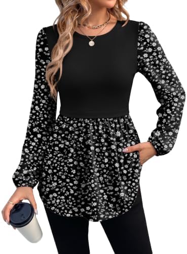 Printed petals on a deep black ground give this babydoll peplum tunic a neat look that pairs easily with dark leggings.