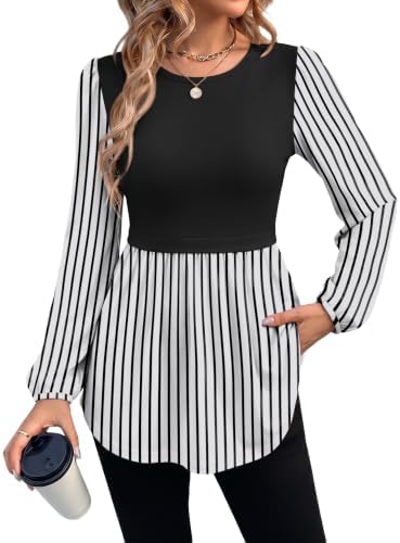 Horizontal black striping brings clean definition to this soft peplum tunic cut with gathered volume below the empire seam.