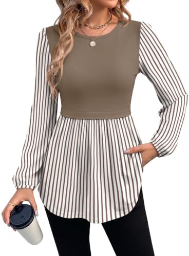 Warm coffee stripes run across this soft peplum tunic, cut with a gathered empire waist and a curved hem made for leggings.