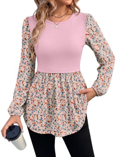 A soft peplum tunic in pink floral, cut with a gathered empire waist and a longer curved hem that pairs easily with leggings.