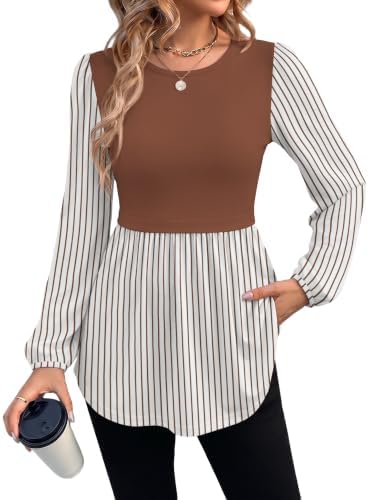 Earthy rust stripes bring warm definition to this soft peplum tunic cut with a curved hip-covering hem.