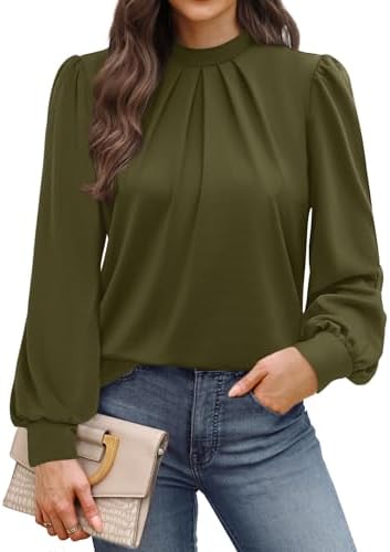 Puffed sleeves and front pleats shape this army green tunic blouse, cut from a soft stretch fabric for easy workdays and weekends.