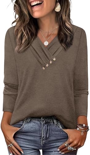 Rich coffee brown knit tops off your weekday trousers and weekend leggings with a neat row of decorative front buttons.