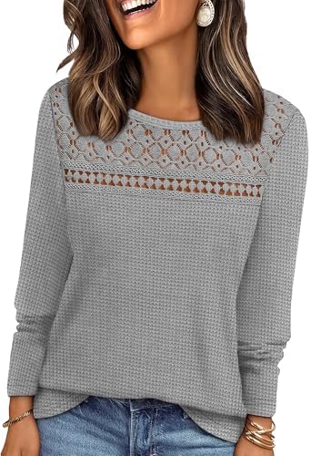 Delicate crochet lace details the upper chest of this soft grey long-sleeve top, cut with a relaxed drape for all-day comfort.