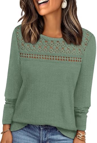 Delicate crochet lace accents the chest on this soft long sleeve green top designed with an easy, flowy drape.