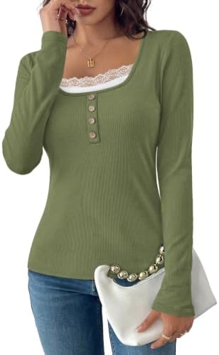 Delicate scalloped lace frames the scoop neckline of this army green ribbed long-sleeve top for easy casual dressing.