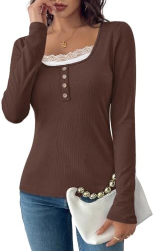 A rich coffee brown knit with delicate lace trimming along the scoop neck gives this long sleeve top an easy, polished feel.