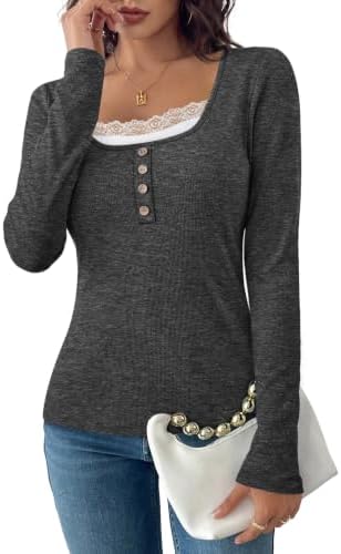 Scalloped floral lace frames the wide scoop neck on this dark grey ribbed long-sleeve top, finished with four contrast front buttons.