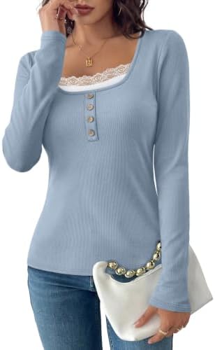 Soft grey blue ribbing meets a delicate scalloped lace scoop neckline with decorative front buttons for cool evening wear.