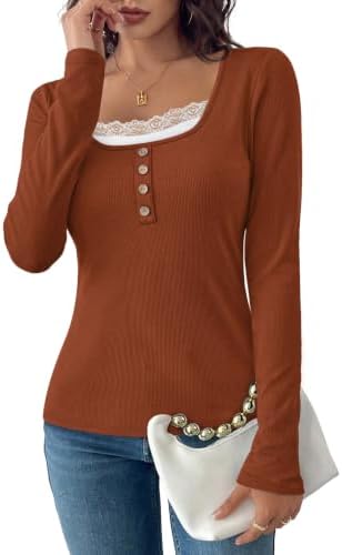Fine vertical ribbing in deep rust brown meets scalloped floral lace along a wide scoop neckline for crisp days.