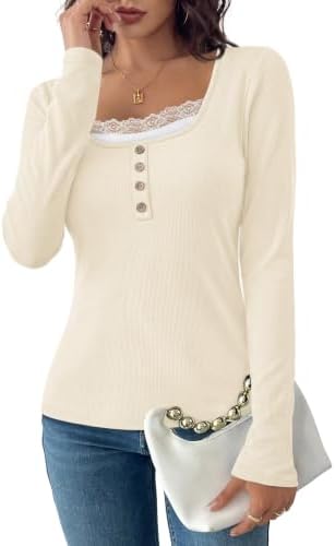 Fine ribbing and delicate scalloped lace give this neutral beige long sleeve top a soft, textured finish for warm afternoons.