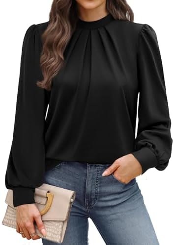 Deep black knit shapes this mock-neck blouse, finished with front pleats and gathered puff sleeves for easy workdays.
