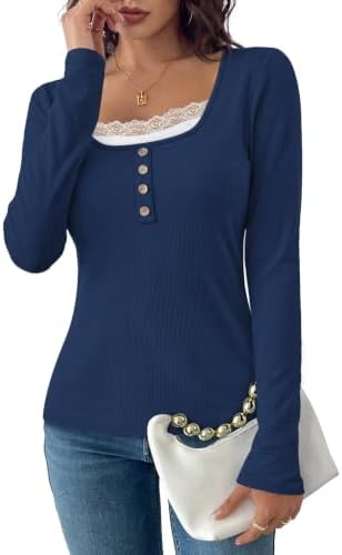 Fine vertical ribs and scalloped floral lace trim give this rich blue long-sleeve top a neat, textured finish.