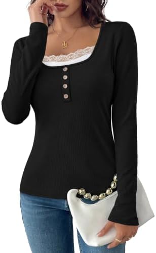 Scalloped floral lace and vertical ribbing give this black long sleeve scoop neck top refined texture for everyday wear.