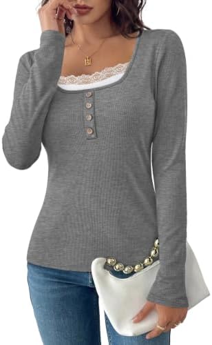 Delicate scalloped floral lace trims the scoop neck of this fine-ribbed grey long sleeve top with neat front accent buttons.
