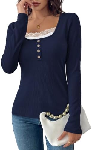 Scalloped floral lace trims the wide scoop neck on this deep navy ribbed long-sleeve knit, finished with decorative buttons.