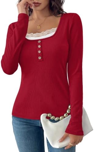 Fine vertical ribbing meets scalloped floral lace along a wide scoop neckline in this saturated red long-sleeve top.