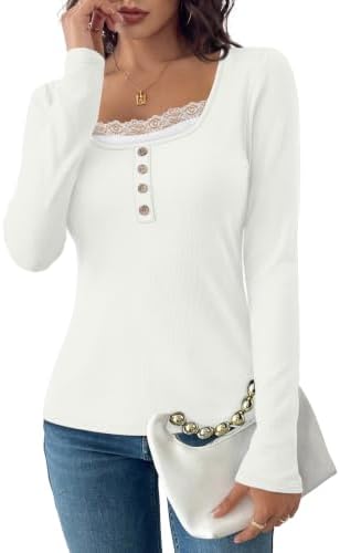 Scalloped floral lace trims the wide scoop neck of this ribbed long sleeve top, finished in crisp, bright white.
