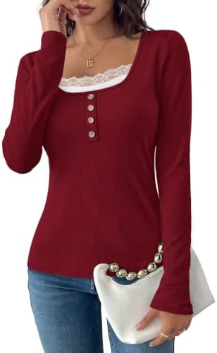 Scalloped floral lace frames the scoop neckline on this ribbed long-sleeve knit in deep wine red.