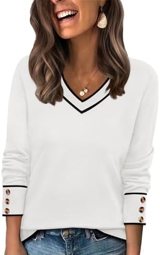 Crisp color block white panels give this lightweight V-neck sweater a bright, clean look finished with three neat cuff buttons.