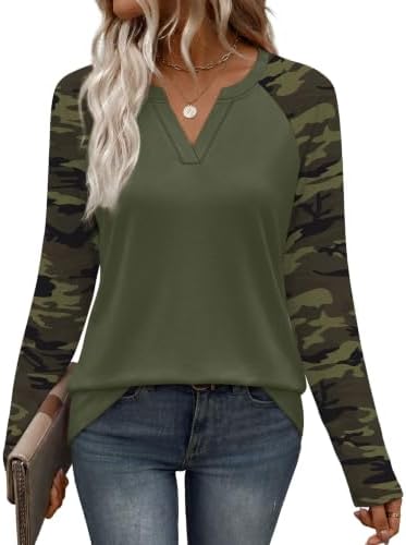 Raglan sleeves and muted army green camo panels give this relaxed knit tunic a laid-back look for cooler days.