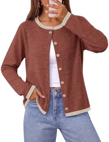 Warm caramel tones and sharp contrast trim turn this lightweight button-front cardigan into an easy layer for cool mornings.