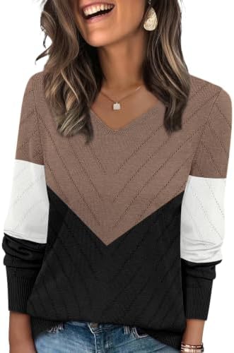 Bold horizontal panels in coffee, black, and white give this lightweight V-neck crochet pullover crisp graphic definition.