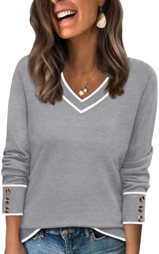 Color block grey panels and three cuff buttons give this wide V-neck pullover a neat, balanced look for cool evenings.