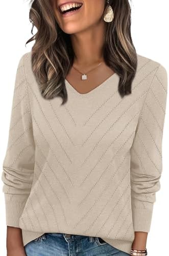 Open crochet stitching and a gentle apricot tone give this lightweight V-neck sweater a soft, airy feel on warm days.