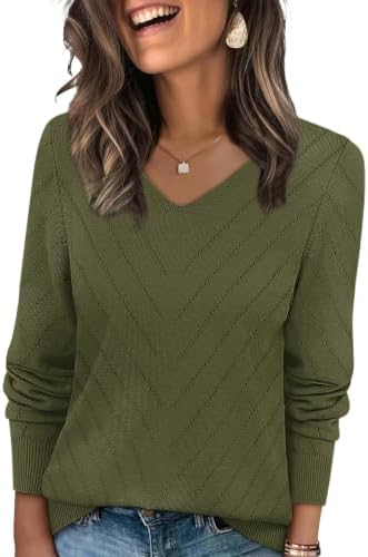 Open crochet stitches and a clean V-neck give this lightweight army green pullover an easy, textured drape for cooler days.