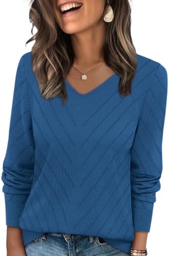 Open crochet stitches and a calm grey blue hue make this lightweight V-neck pullover an easy choice for cool mornings.