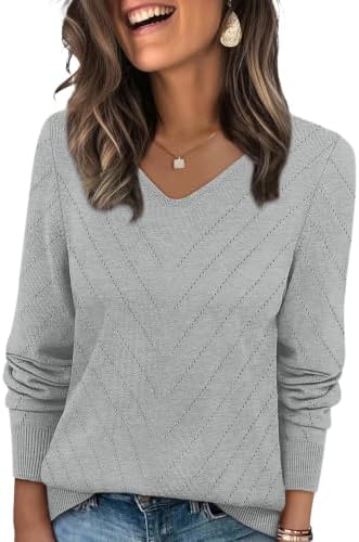 Soft crochet stitches in cool heather grey give this lightweight V-neck pullover an airy feel for transitional weather.