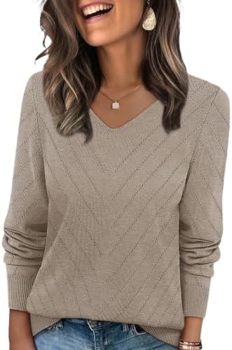Open crochet stitches and a neutral khaki tone make this lightweight V-neck pullover an easy choice for cool mornings.