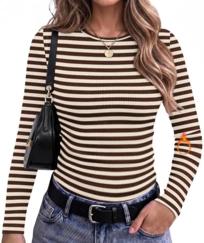 Fine coffee stripes bring warm, grounded pattern to this stretchy long sleeve crewneck top made for cool mornings.