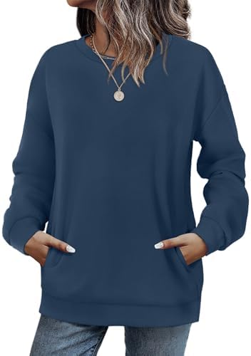 Cut in deep navy polyester knit, this relaxed crewneck sweatshirt layers neatly over jeans and features a hidden side pocket.