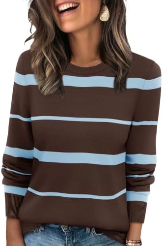 Alternating rich chocolate and slate blue bands give this soft ribbed knit sweater a distinct, grounded look for cooler days.