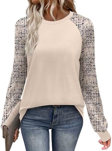 Contrasting sleeves and a soft beige print bring an easy, relaxed feel to this crewneck raglan top.