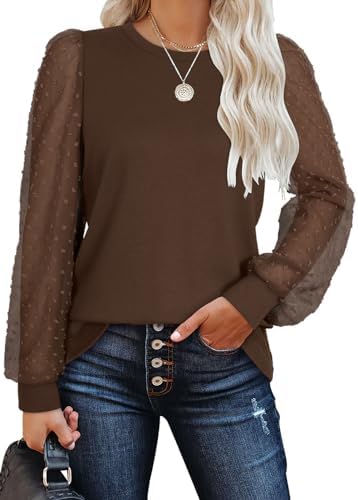 Sheer swiss dot sleeves bring subtle texture to this rich chocolate brown top, cut in our soft knit blend for cool summer evenings.