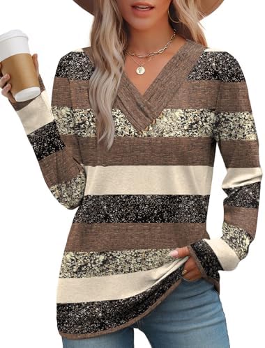 Fine brown stripes and front button accents bring a classic look to this soft long sleeve top cut for easy everyday wear.