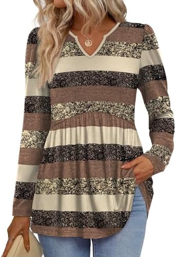 Striped brown bands give this loose babydoll top an earthy look that easily layers under casual jackets or suits.