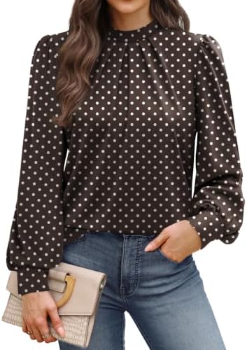 Spotted with cream dots across warm brown, this stretch blouse pairs a gathered mock neck with gentle puff sleeves.