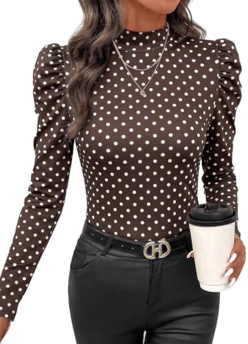 A neat polo collar meets playful brown polka dots on a ribbed knit that hugs close through the torso and sleeves.
