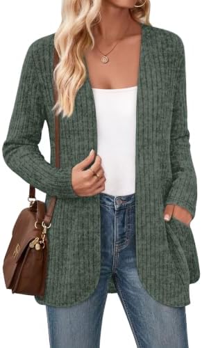 An open-front green cardigan with deep side pockets, cut with a relaxed hip-length drape for easy layering.